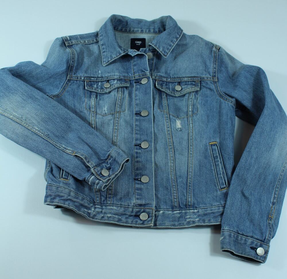 GAP Womens S Denim Jean Jacket Distressed Trucker Light Wash Button Up